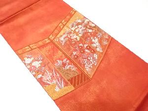 屏風に松・梅・草花模様織り出し袋帯